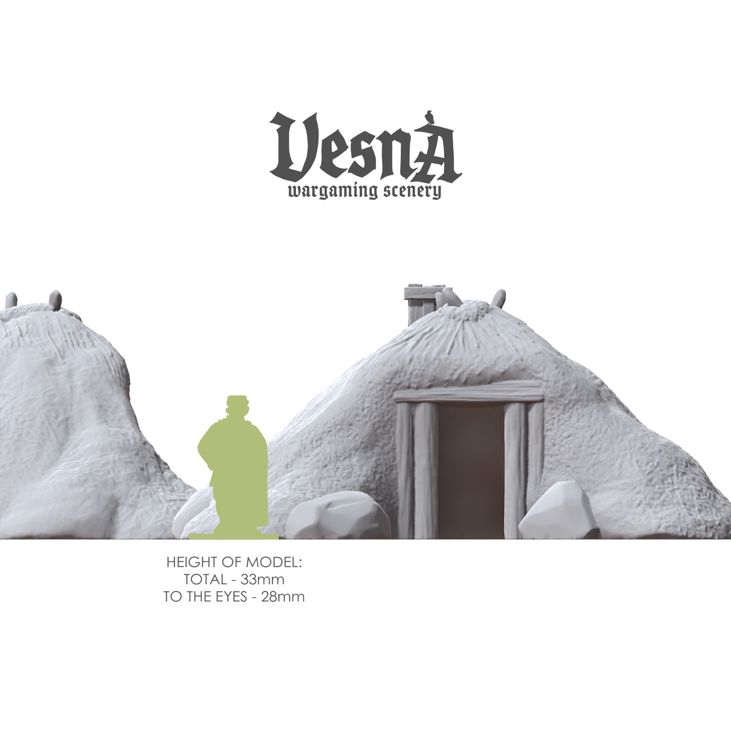 Scale reference layout showing the profiles of the sod house resin terrain next to a standard infantry model silhouette.