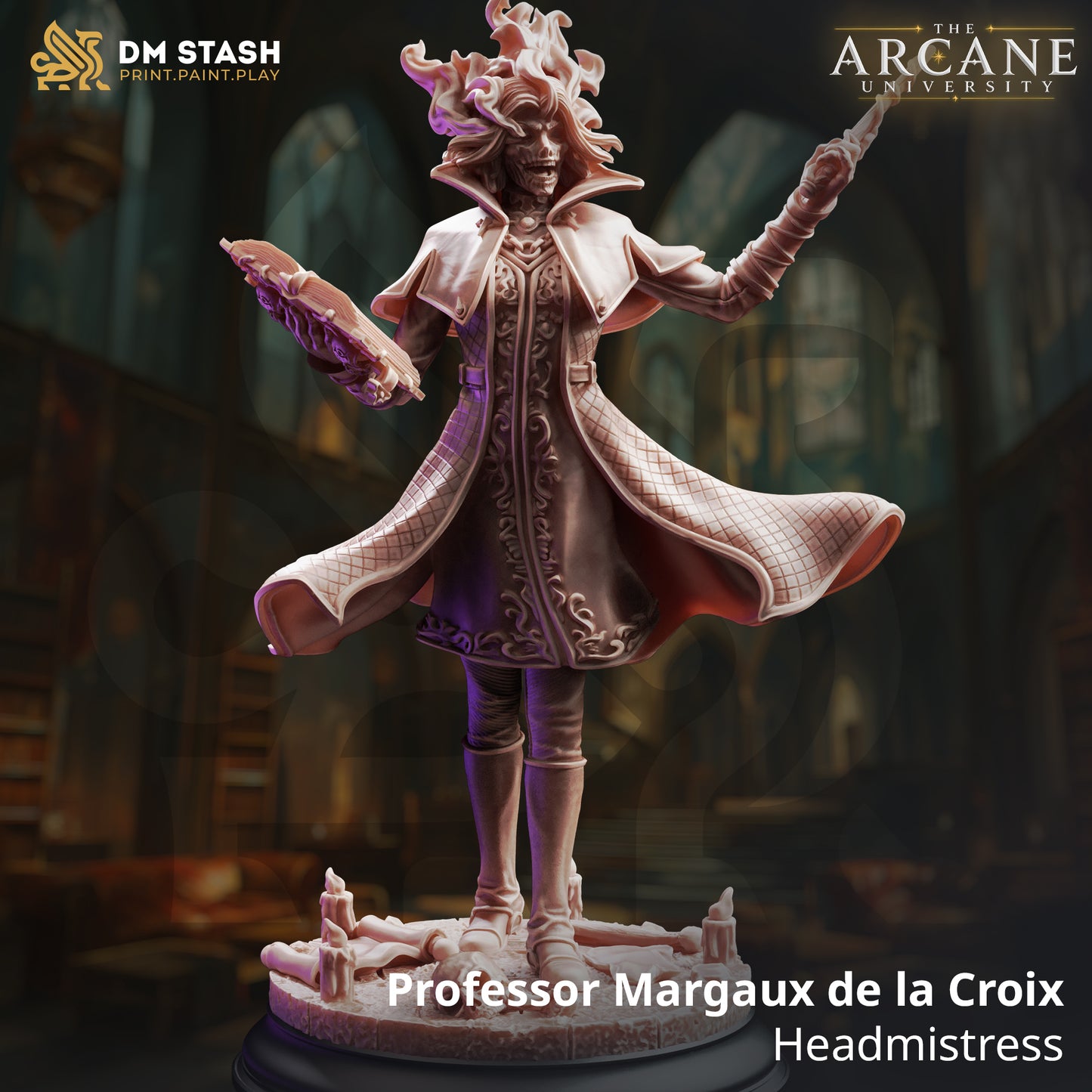 A 3D-rendered fantasy undead skeleton wizard resin miniature named Professor Margaux de la Croix by DM Stash. The skeletal necromancer wears a high-collared coat while holding a wand.