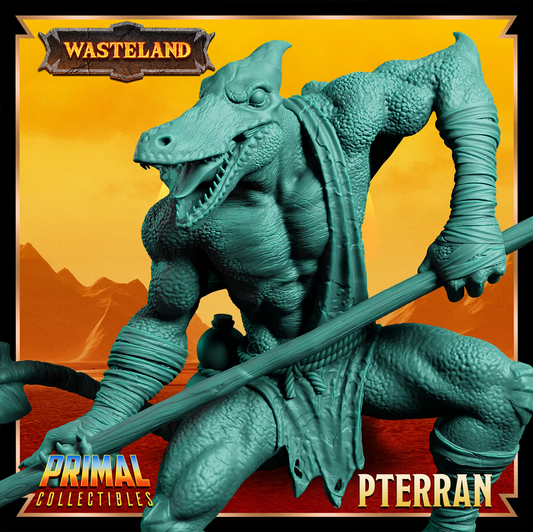 Pterran reptilian humanoid miniature close-up holding a long spear