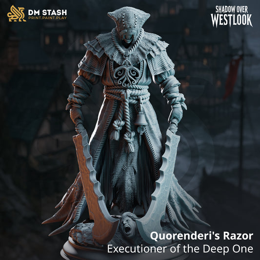 Quorenderi’s Razor a human fighter wearing a burlap hood and holding two massive curved executioner blades.