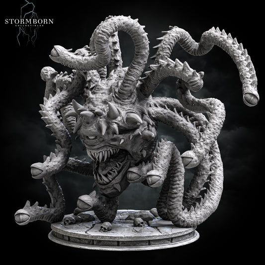 Three-quarter perspective view of Ralakor Lord of the Beholders showing eyestalk reach and rocky hide by Stormborn Collectibles.