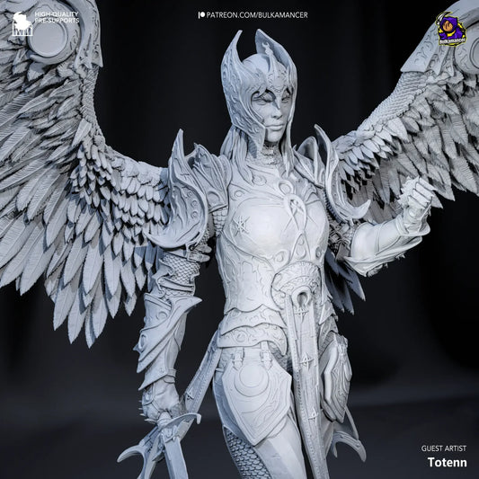 Gray-scale angelic figure with wings and armor on a dark background