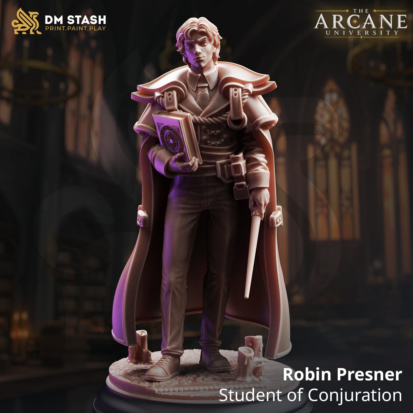 Robin Presner Student of Conjuration 3D printed resin miniature by DM Stash, featuring a human wizard holding a grimoire and wand on a custom candlelit base.