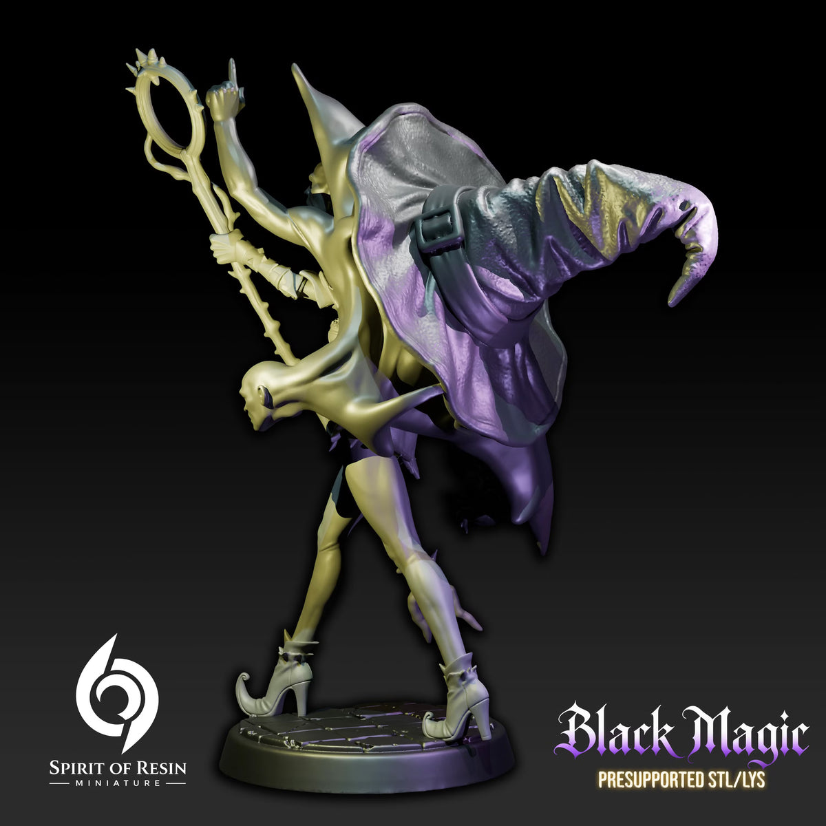 Rear three-quarter view of Sabrine Witch Summoner showing her staff and the supernatural entity surrounding her.