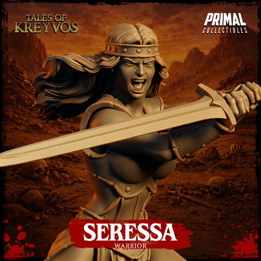 Seressa Human Barbarian close-up gripping a large two-handed sword with flowing hair and an intense battle expression.