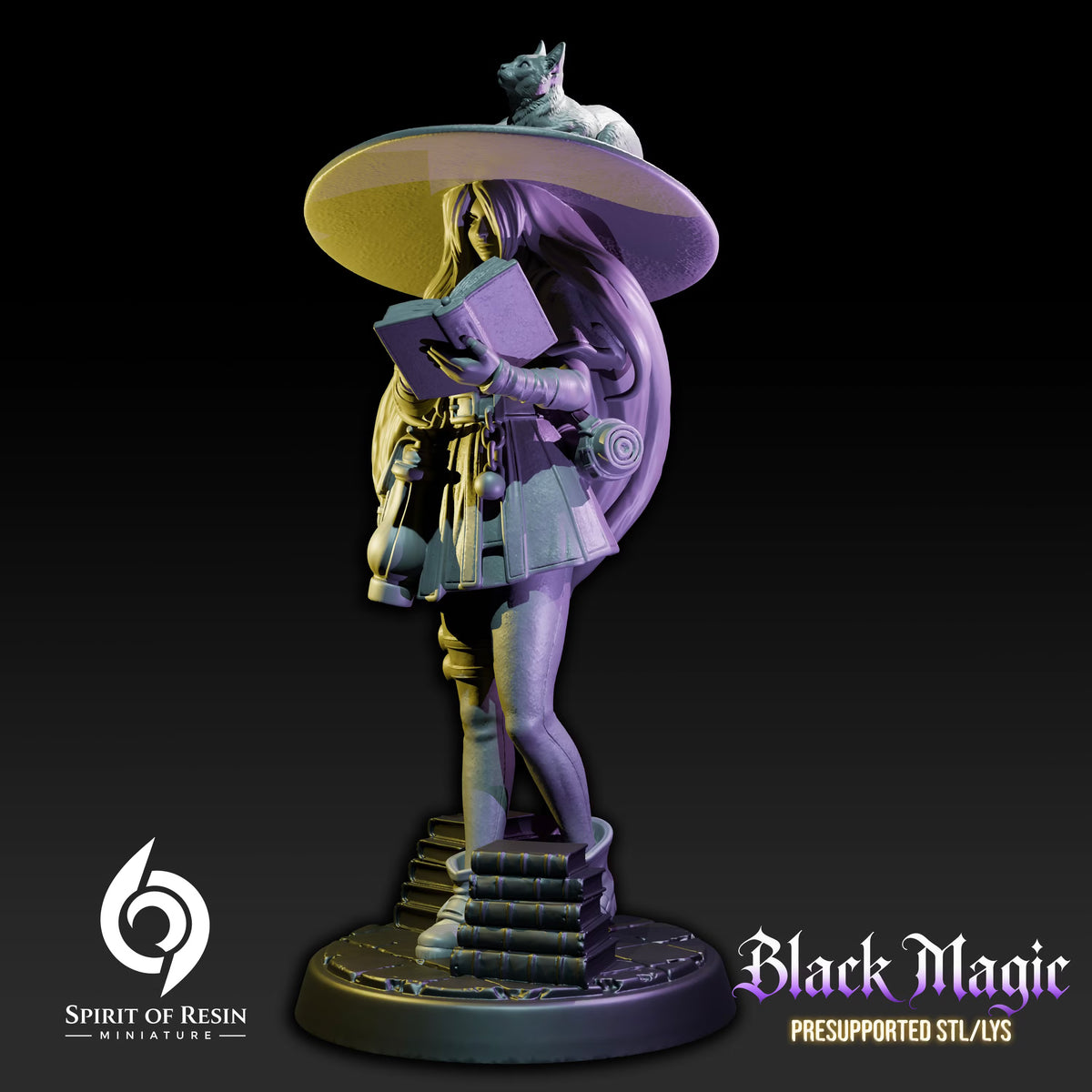 Three-quarter view of Serin, Young Witch showing her spellbook, cat companion, potion bottles, satchels, stacked books, and scenic base.