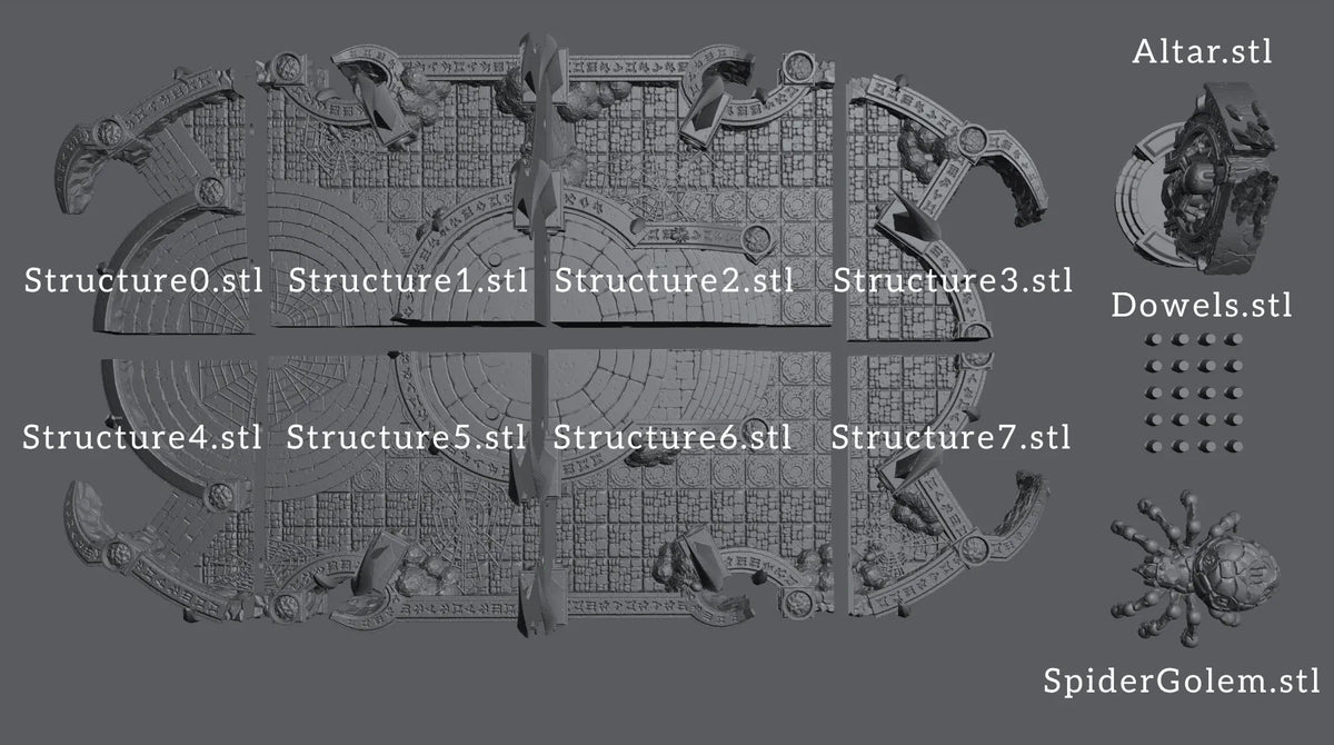 Diagram displaying the 30 individual kit pieces including modular structure tiles, altar, spider golem, and dowels.