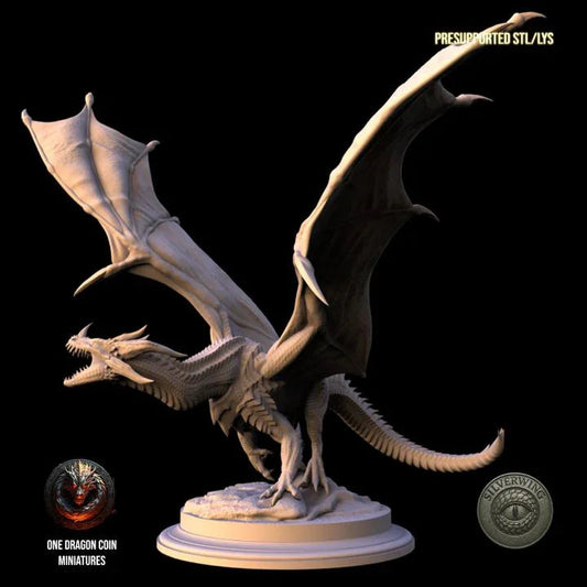 Silverwing dragon resin miniature posed on a 105mm base with wide outstretched wings.