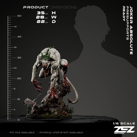 Scale comparison graphic for the Absolute Joker statue, showing height benchmarks against a standard scale grid for collectors.