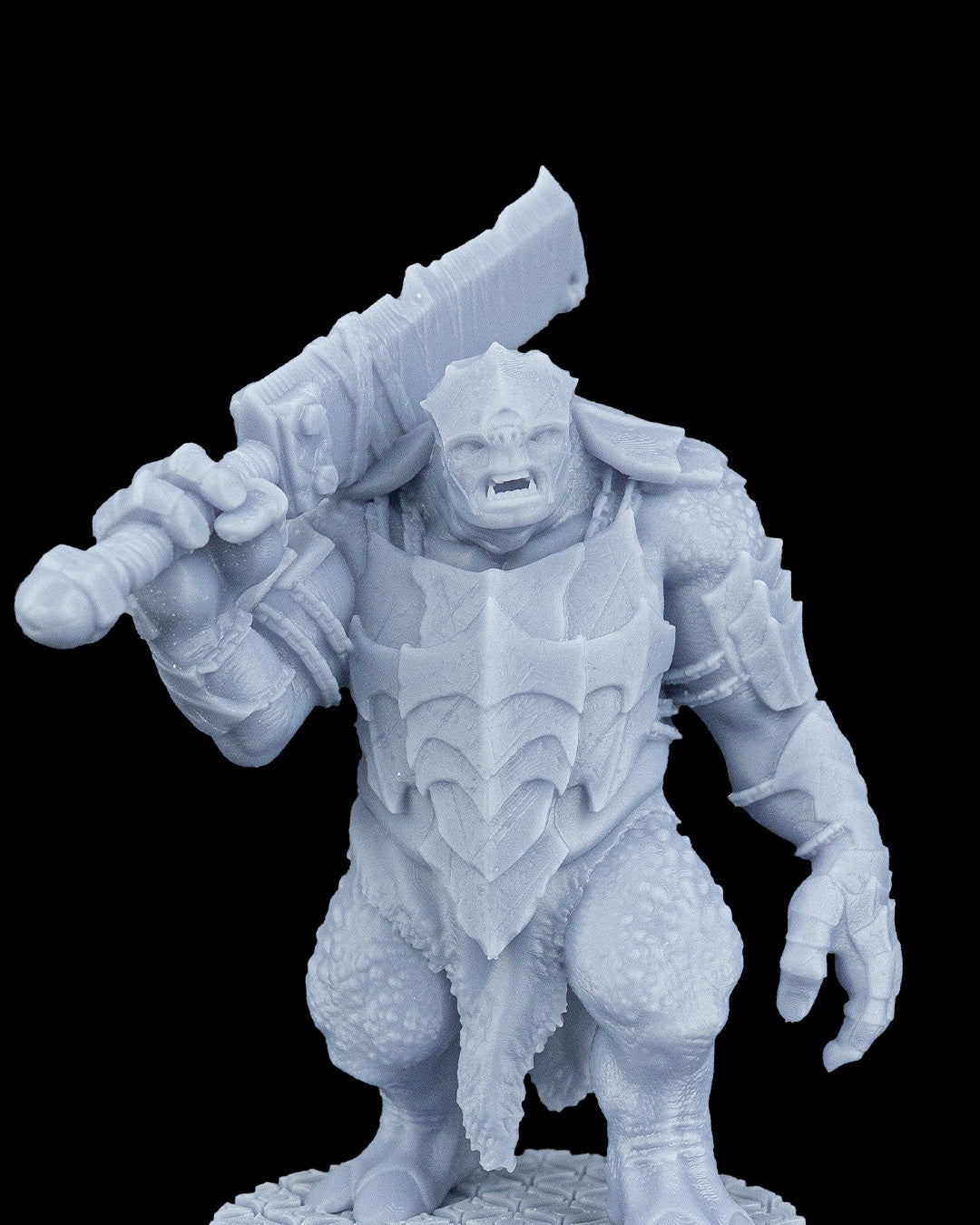 High-detail close-up of Slasha the Troll's face, jawline, and upper chest armor plating.