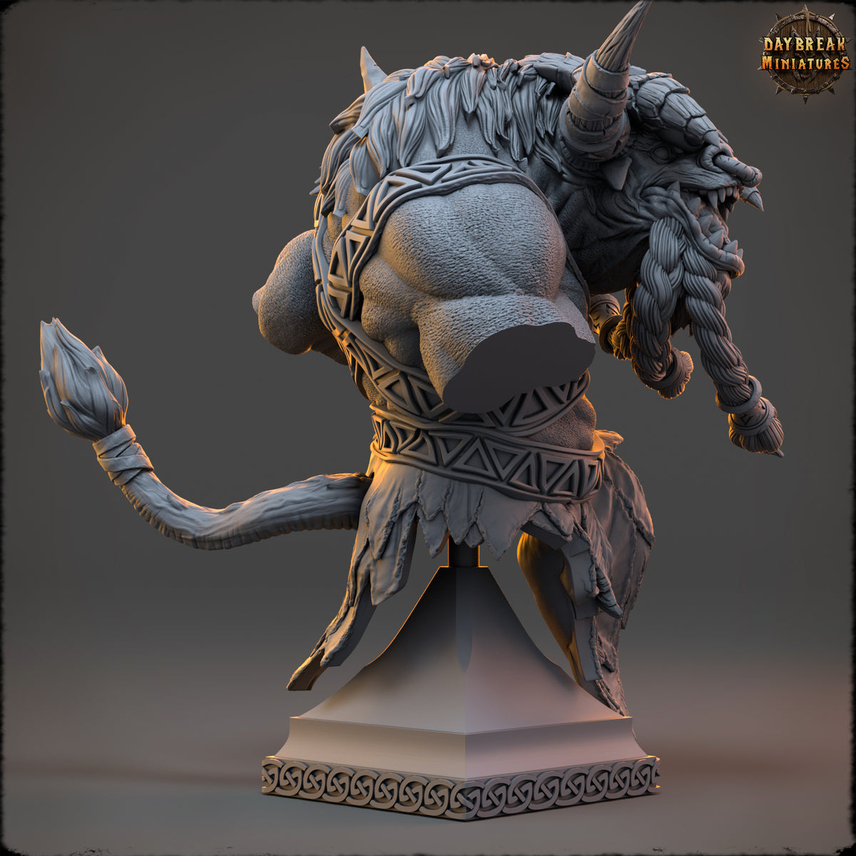 Side view of Socrates Blun Minotaur Barbarian resin bust with sweeping horns and pedestal stand.