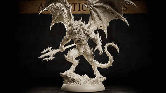Full view of the Spined Devil showing its spread wings, spiked body, curling tail, forked weapon, and scenic base.
