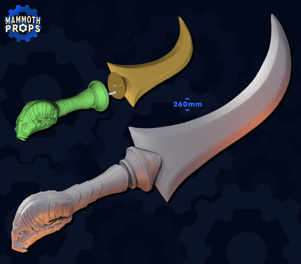 3D digital rendering of the Ssrall serpent cosplay prop accessory, showcasing the 2-piece assembly design with a detailed snake head hilt and curved silhouette, measuring 260mm.