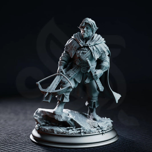 Front view of Sturian, a Halfling Ranger equipped with a crossbow, sword, armor, and cloak.