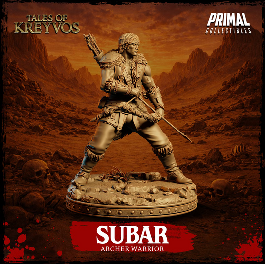 Full-body view of Subar, a Human Ranger equipped with a bow, arrow, quiver, fur-trimmed clothing, and adventuring gear.