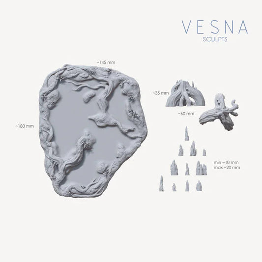 Render breakdown of the 13-piece swamp scatter terrain kit showing the main base, 2 dimension angles of the fungal stump, and 11 cypress knees.