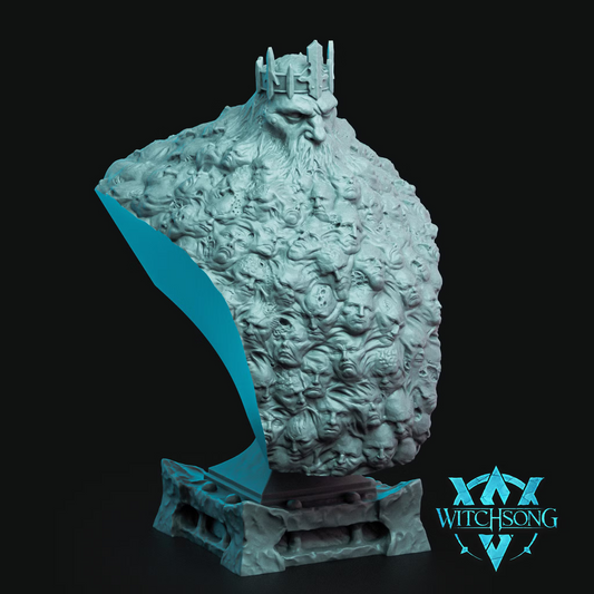 The Faces King fantasy display bust featuring a crowned giant surrounded by dozens of sculpted faces on a decorative pedestal.