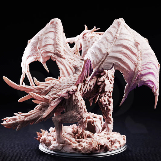 Rear render view of The Jabberwock miniature by DM Stash showcasing wide bat-like wings and large feathered tail structure.