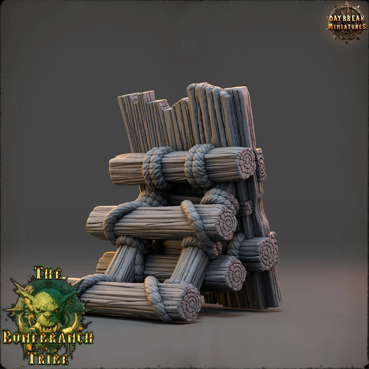 Rear view of the Thumper Board terrain prop showing stacked log supports and rope-bound construction.