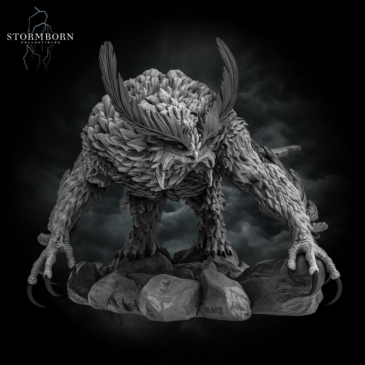 Full body render showing the crouching posture and front feathers of the Titancrest Owlbear by Stormborn Collectibles.