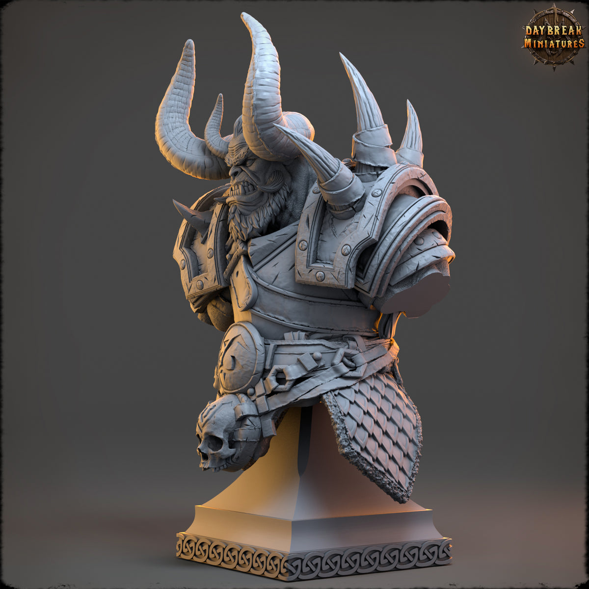 Side view of Torgash Nihi Orc Barbarian resin bust with heavy armor and pedestal base.