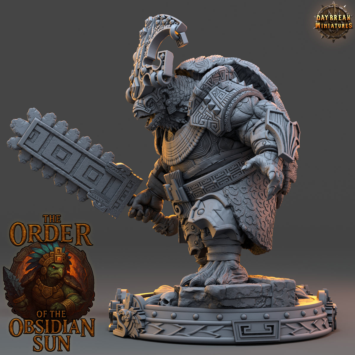 Totomac Flamescale Large Tortle Fighter miniature with rugged equipment, heavy shell, and massive melee weapon.