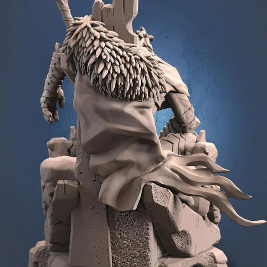 Rear view of Tsho The Broken King highlighting his fur mantle, cloak, armor, and scenic throne details.
