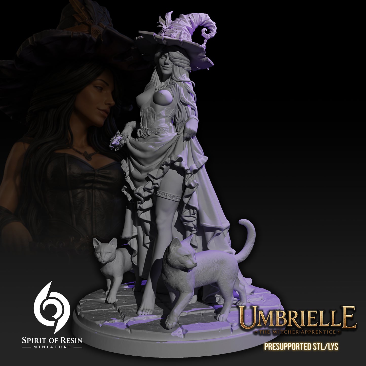 Umbrielle the Witch Apprentice NSFW mature collector resin miniature with witch hat, cats, and scenic base front view