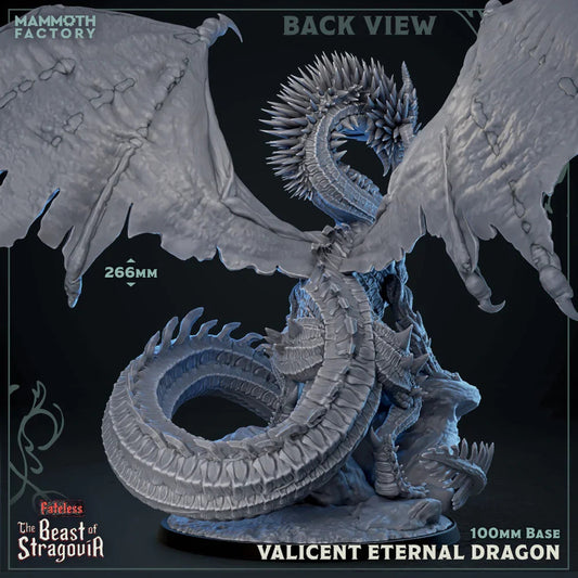 Back view of Valicent Eternal Dragon resin miniature by Mammoth Factory, showcasing massive wings, detailed scales, spines, and coiled tail on a large fantasy dragon boss model