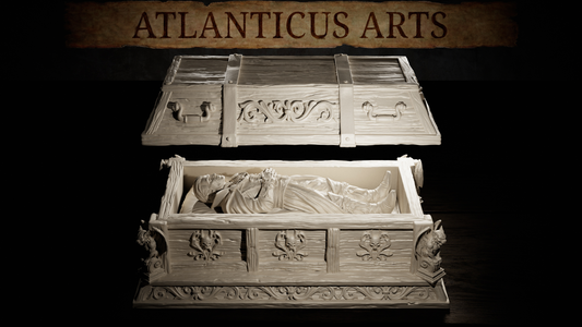Vampire Coffin 32mm resin tabletop scatter terrain 3-piece set by Atlanticus Arts showing open casket and resting vampire.