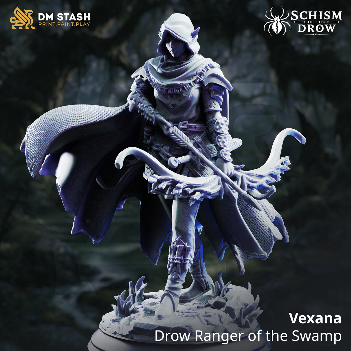 Vexana Drow ranger miniature carrying an organic bow while wearing a hood, layered armor, and sweeping cloak on a swamp base