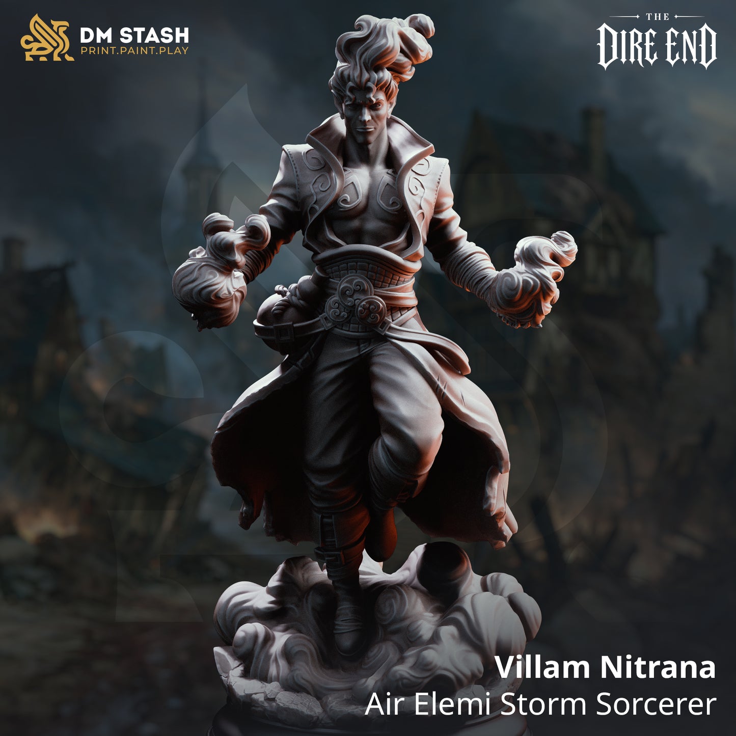 A 3D-rendered dark fantasy resin miniature titled "Villam Nitrana - Air Elemi Storm Sorcerer" by DM Stash. The male elemental sorcerer floats dynamically on a swirling cloud base, gathering magical wind vortices around both fists while his long coat billows in the gale.