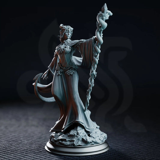 Front view of Violet Moonridge holding a detailed ritual staff and wearing flowing ceremonial robes.