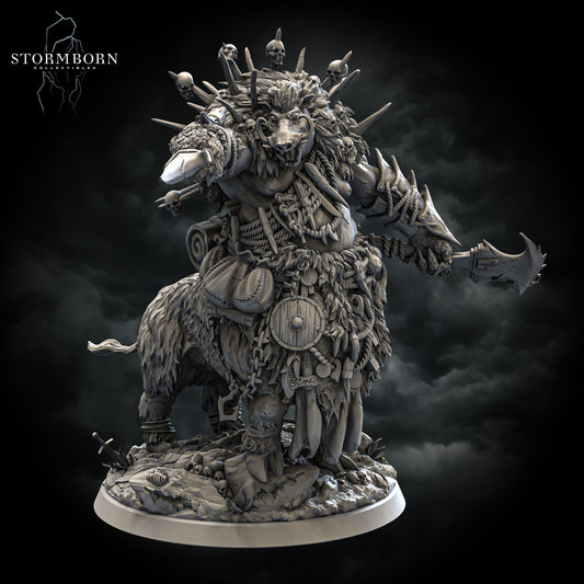 Dynamic three-quarter hero angle of the Gargantuan Vorakthos boarlike centaur miniature by Stormborn Collectibles.