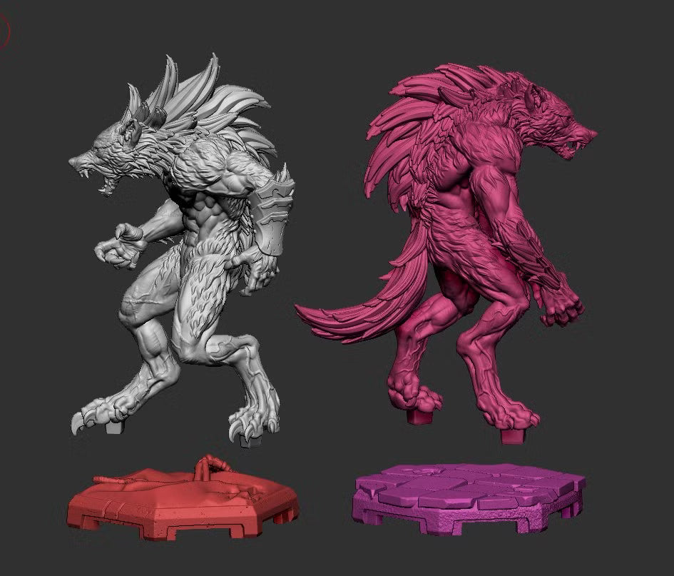 Center the two body sculpts and keep both base pieces visible along the bottom.