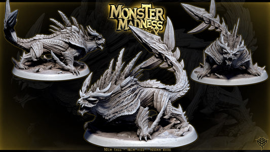 Multi-angle render of Wyvern of Malice Pose 1 crouching quadrupedal dragon miniature on a 100mm base.