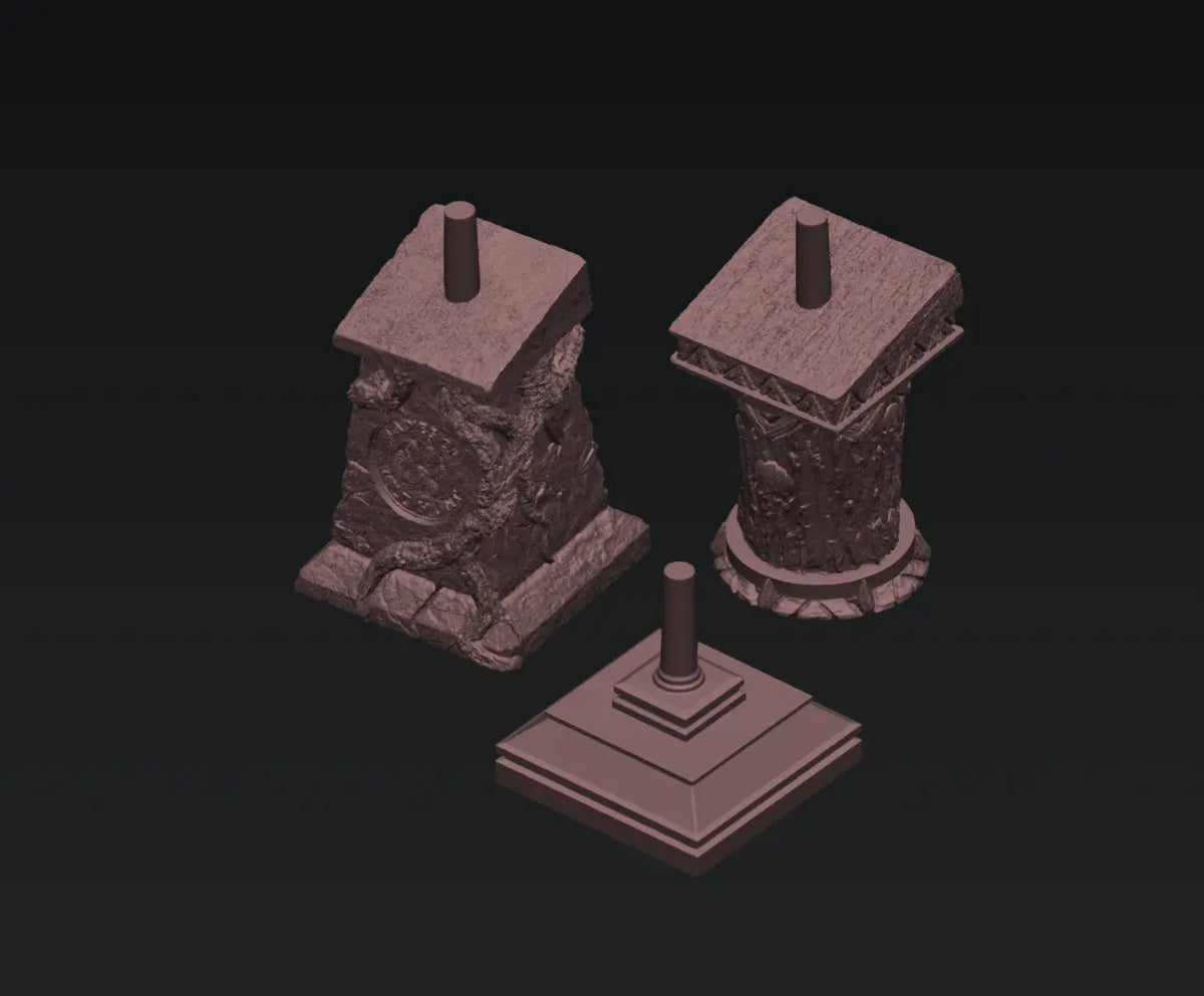 Three pedestal base designs available for the Zorya Emberclaw display bust, including ruined stone, ornate round, and classic square styles.