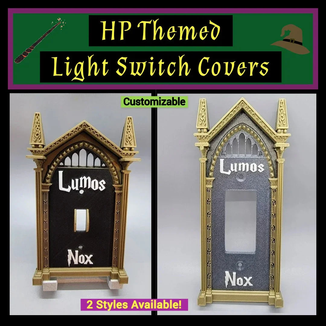 Two customizable HP-themed 3D printed light switch covers with gothic window design, labeled Lumos and Nox, shown in bronze and black styles.