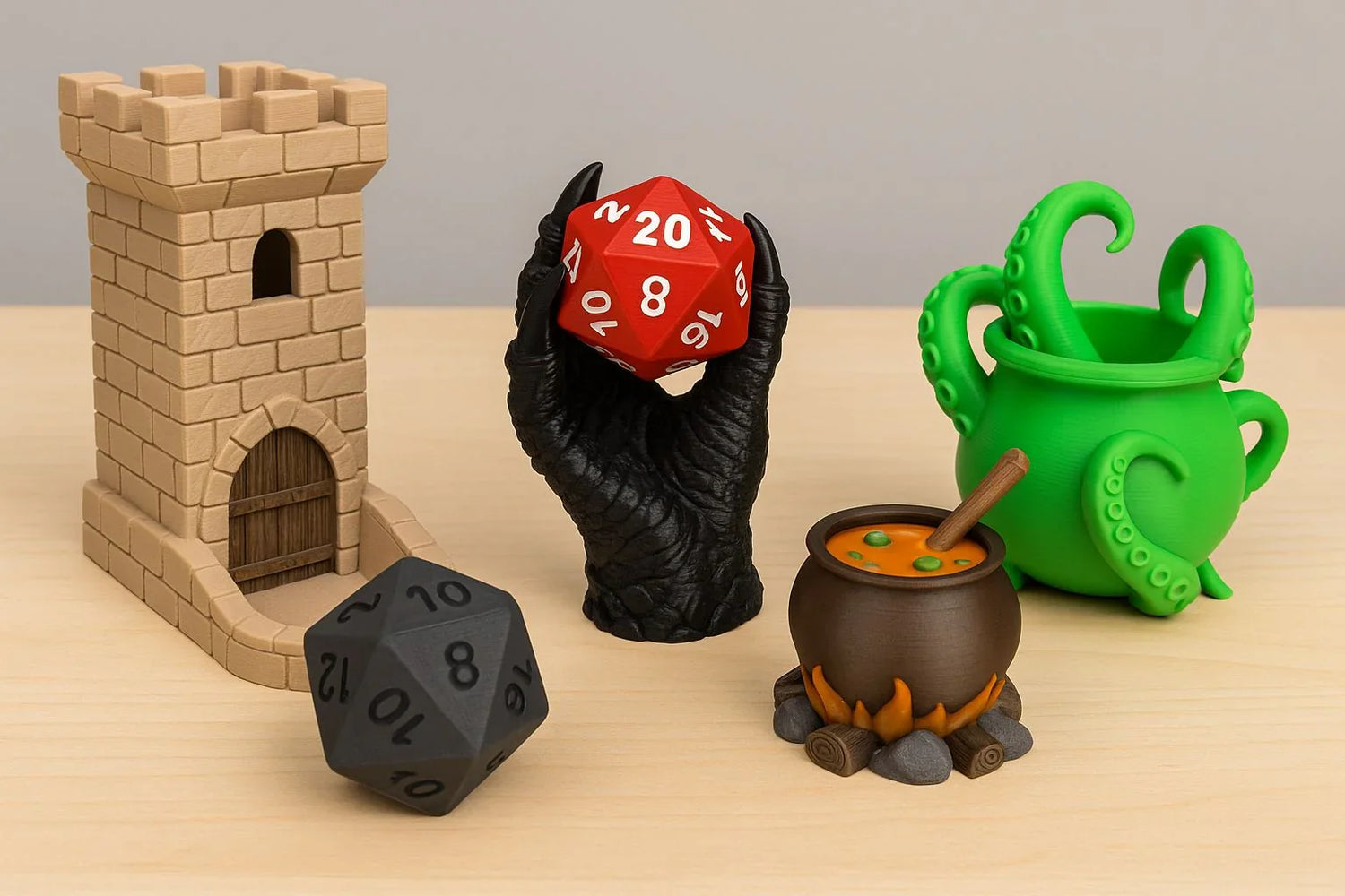 3D printed gaming accessories including a dice tower, dragon claw dice holder, cauldron prop, D20 dice, and octopus-themed container on wooden tabletop.