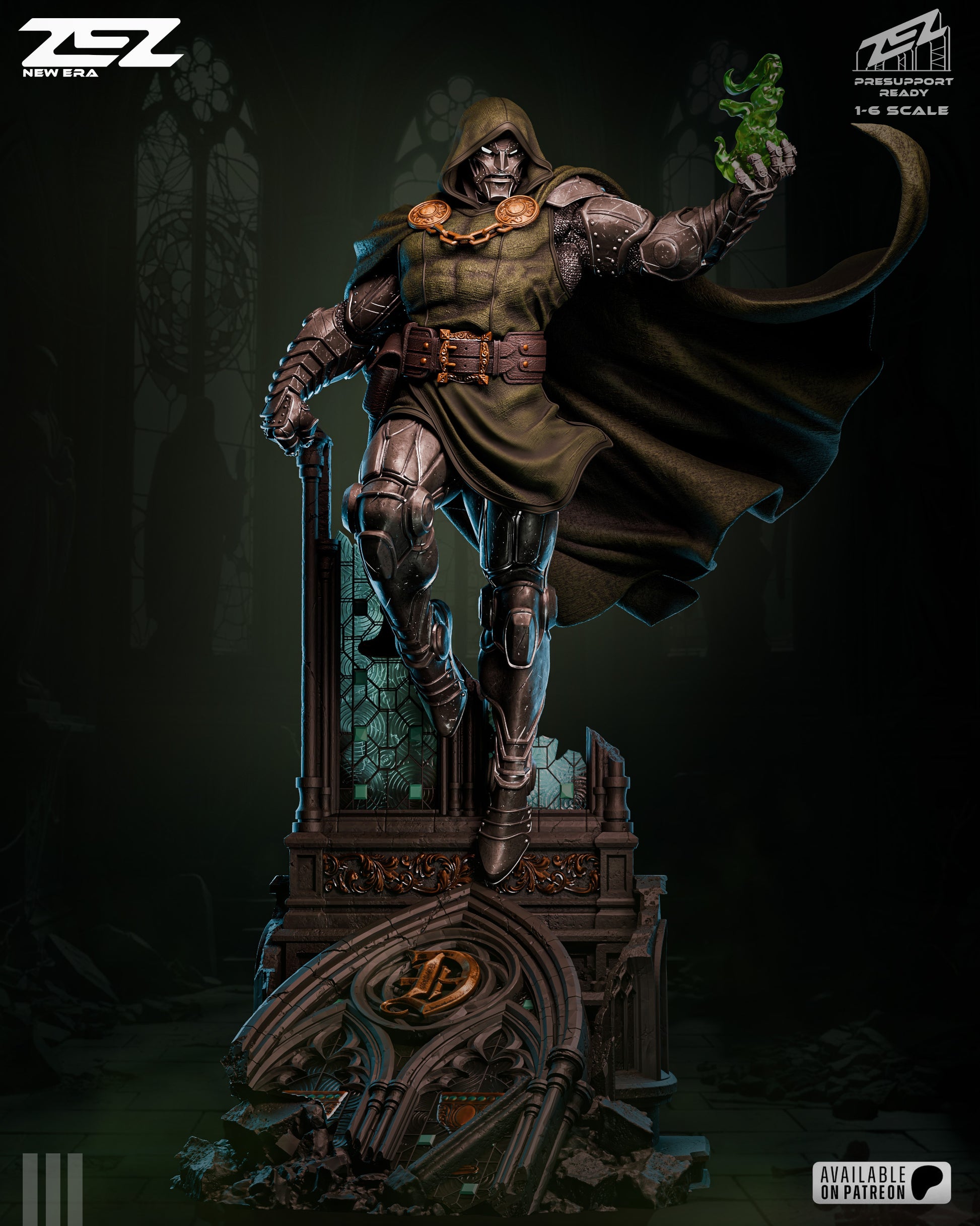 Doctor Doom 1:6 scale resin statue by ZEZ Studios floating above a Gothic ruin base with glowing green energy in hand.