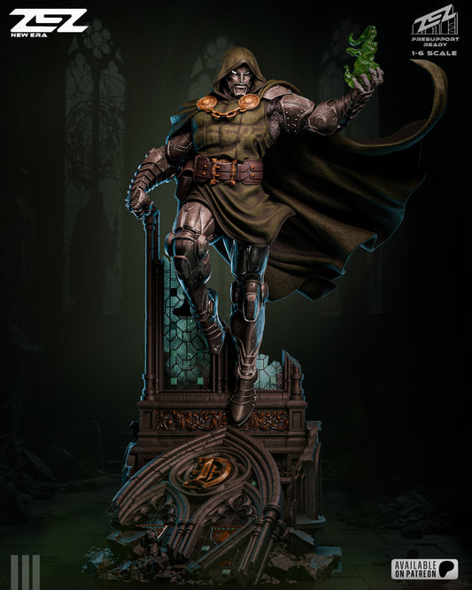 Doctor Doom 1:6 scale resin statue by ZEZ Studios floating above a Gothic ruin base with glowing green energy in hand.