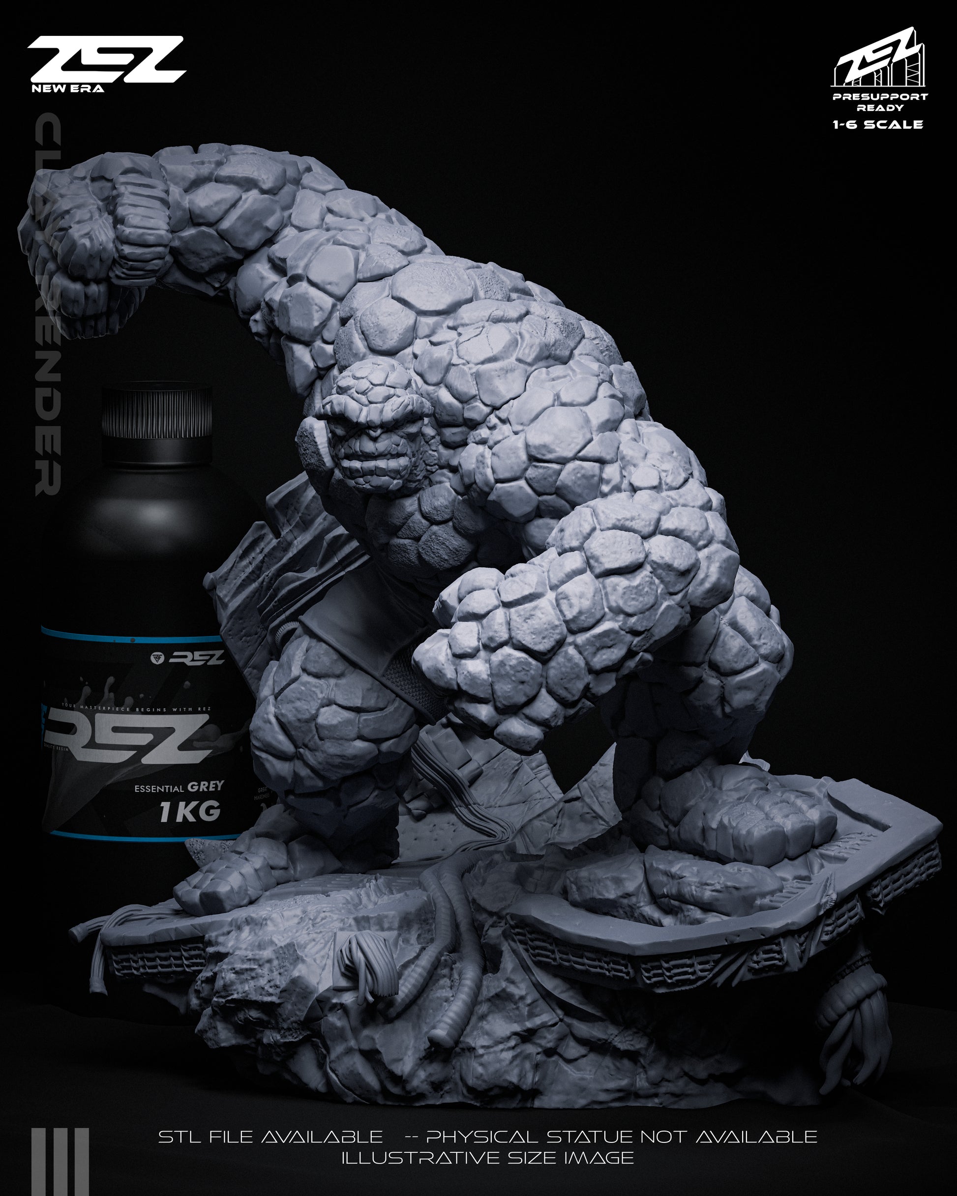 Front view of unpainted resin 1:6 scale The Thing statue next to a 1kg resin bottle for size comparison.