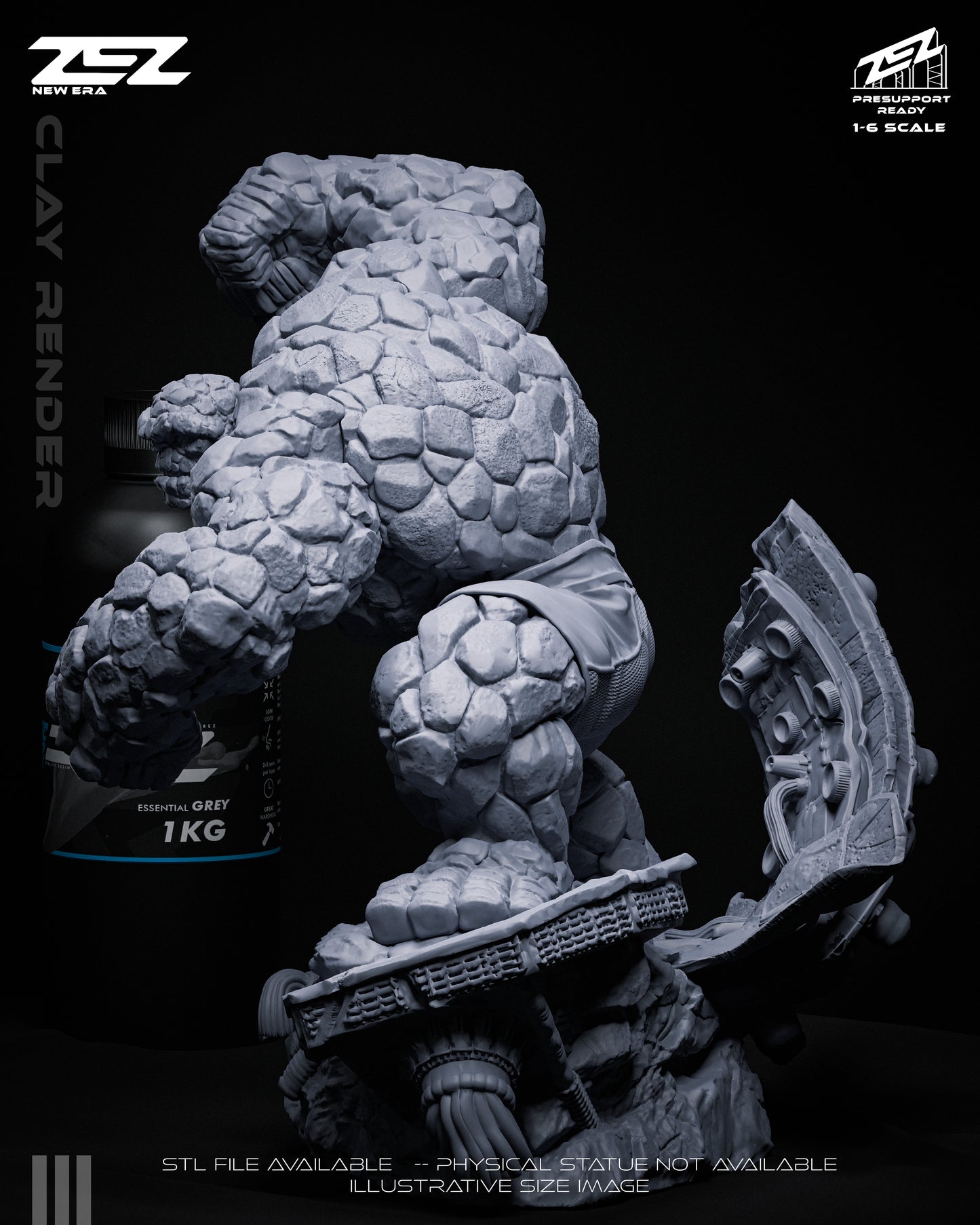 Side profile of Ben Grimm The Thing statue showing the dynamic forward-leaning battle stance and detailed diorama base.