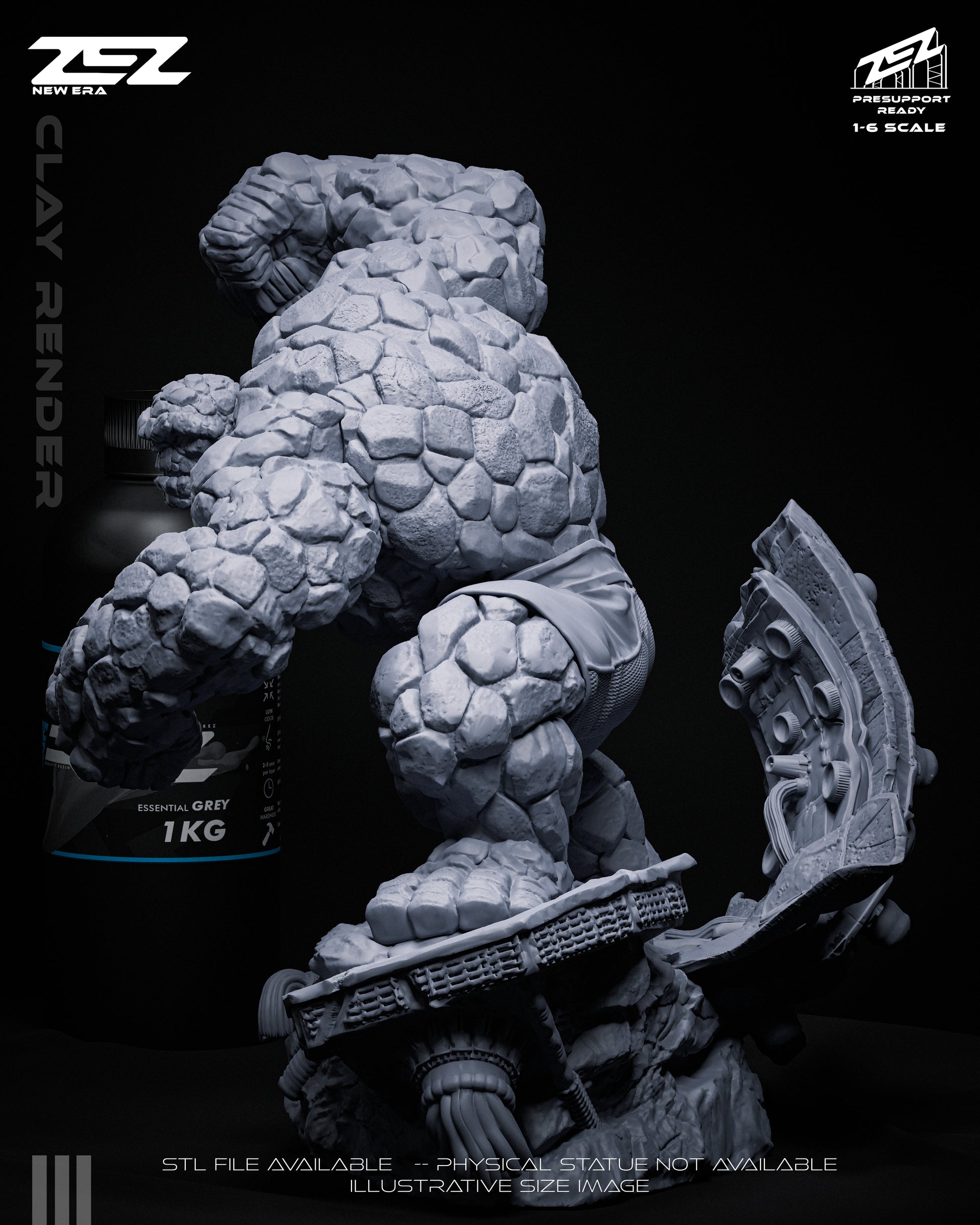 Side profile of Ben Grimm The Thing statue showing the dynamic forward-leaning battle stance and detailed diorama base.