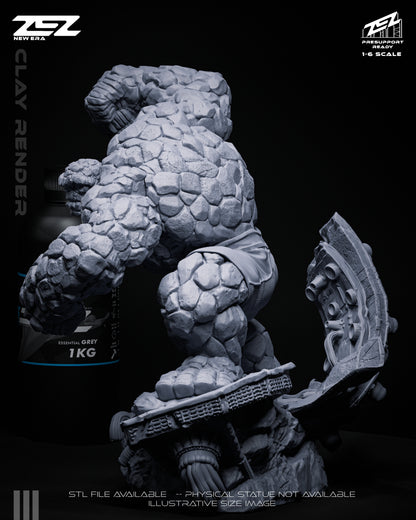 Side profile of Ben Grimm The Thing statue showing the dynamic forward-leaning battle stance and detailed diorama base.