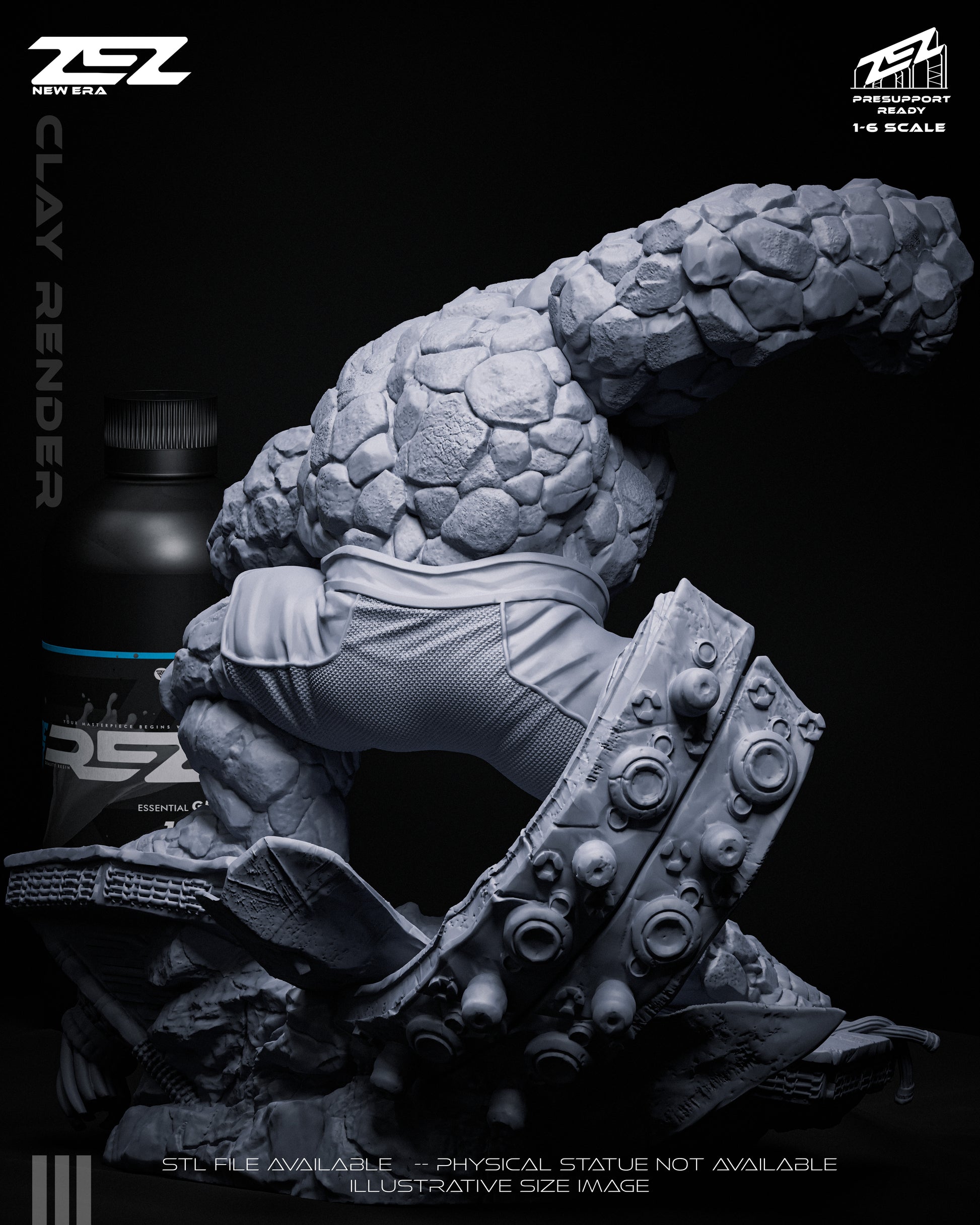 Back view of The Thing 3D printed model showing muscle anatomy, rocky texture, and Fantastic Four belt logo.