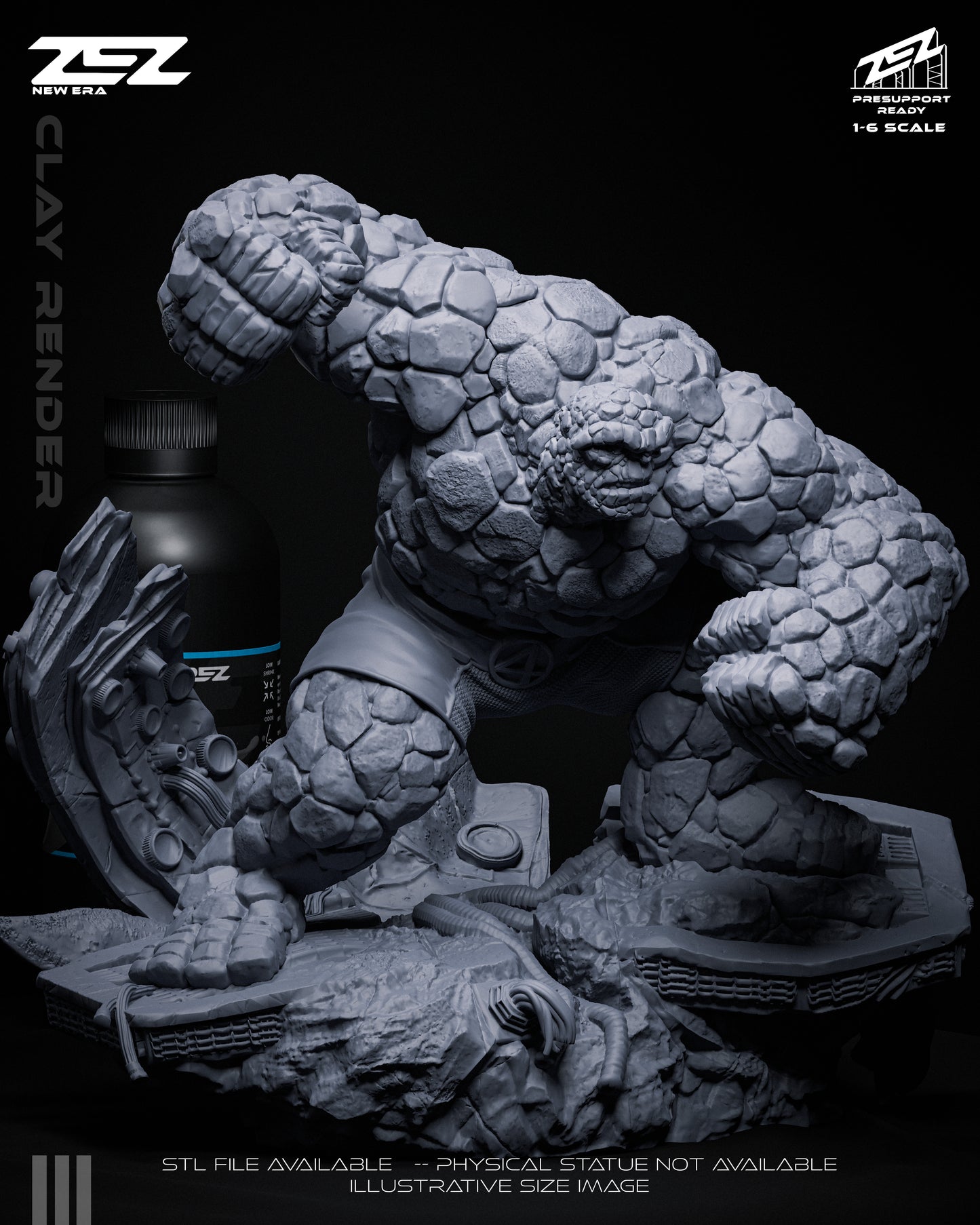 Front view of unpainted resin 1:6 scale The Thing statue next to a 1kg resin bottle for size comparison.