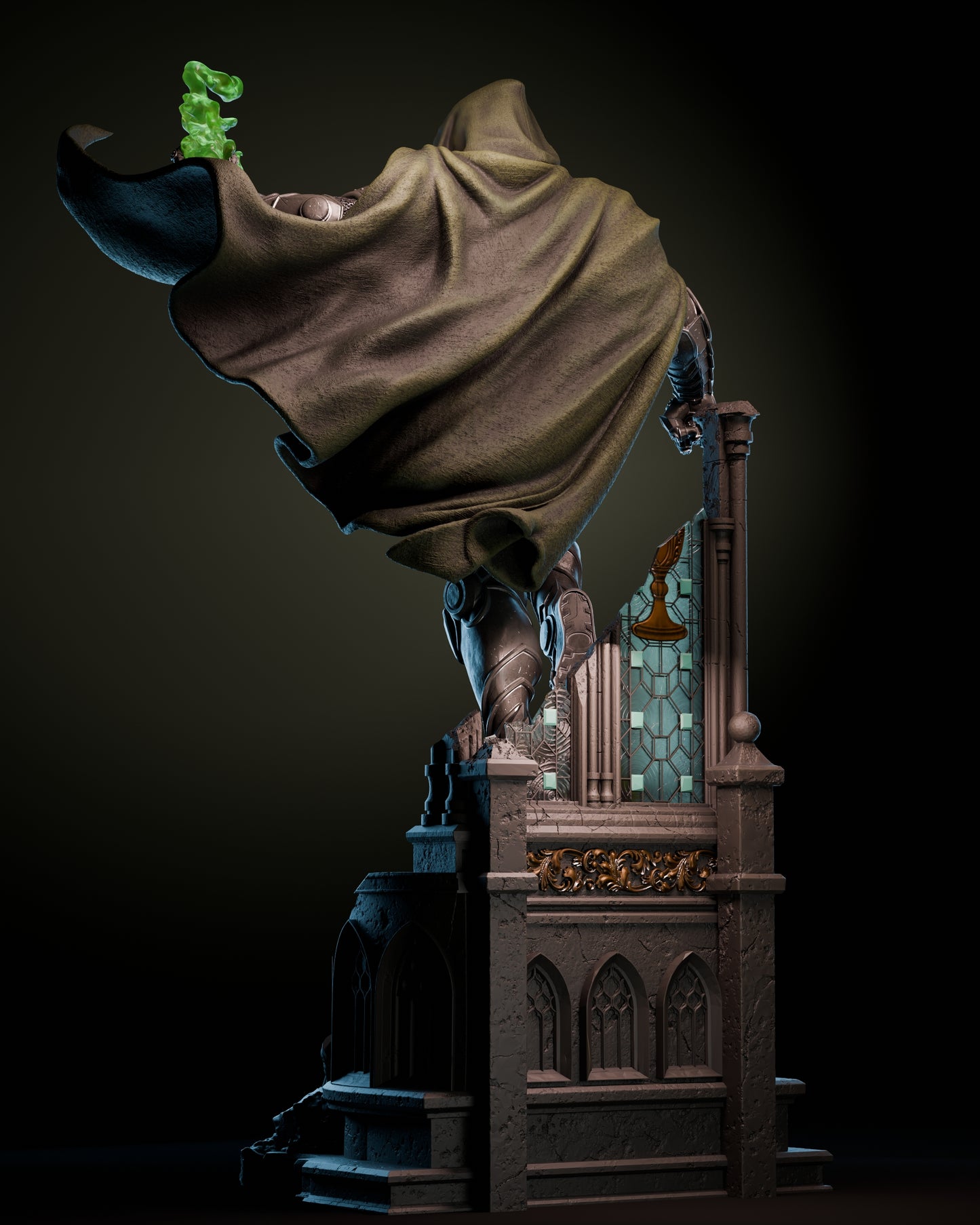 Rear view of the Doctor Doom 1:6 scale resin statue by ZEZ Studios showing the massive flowing cloak and detailed Gothic window base.