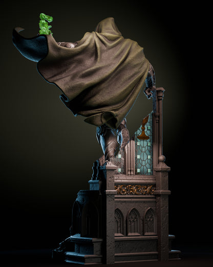 Rear view of the Doctor Doom 1:6 scale resin statue by ZEZ Studios showing the massive flowing cloak and detailed Gothic window base.