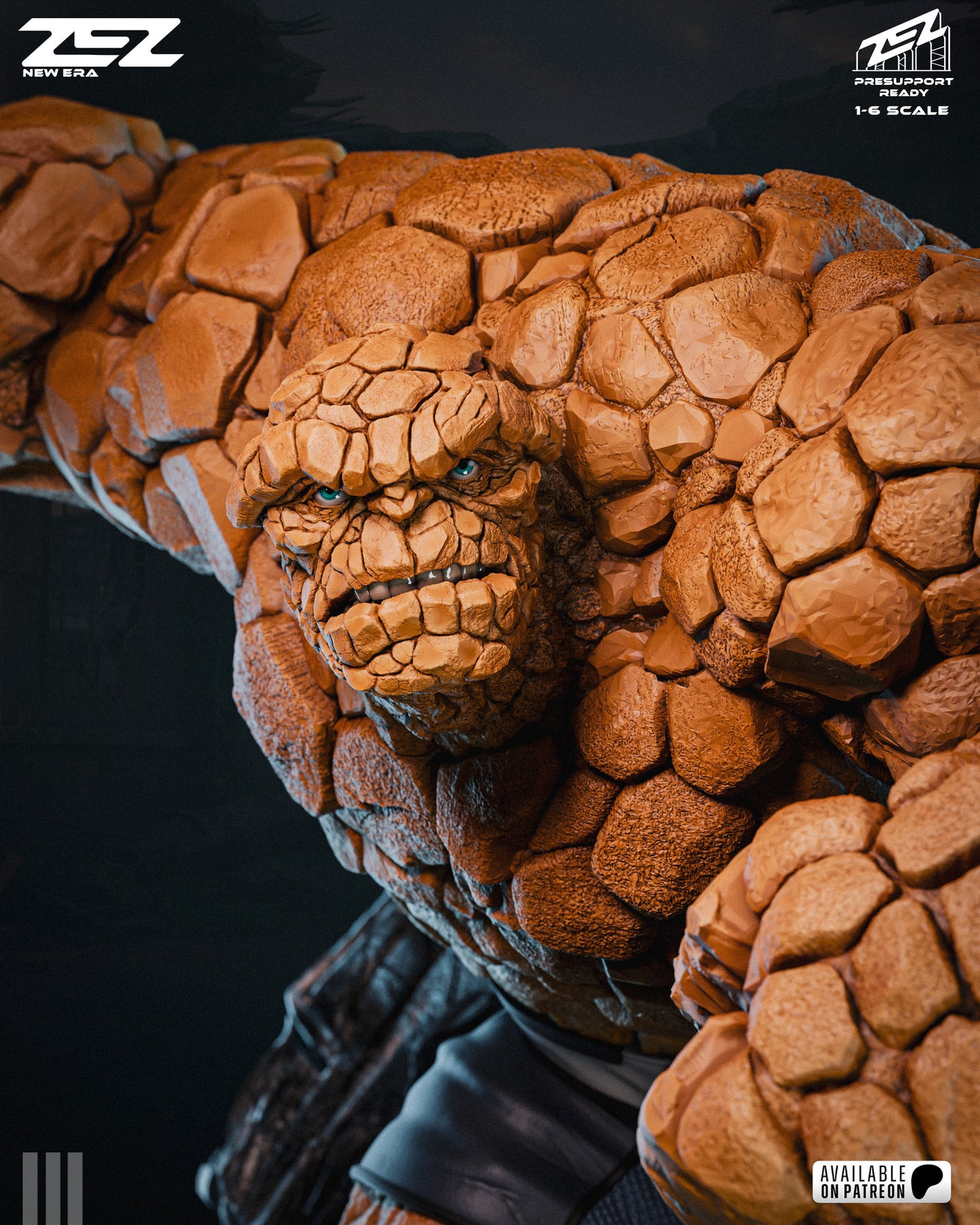 Color close-up of The Thing's alternate no beard head sculpt, featuring realistic orange rocky textures and blue eyes, from the ZEZ Studios 1:6 scale statue.